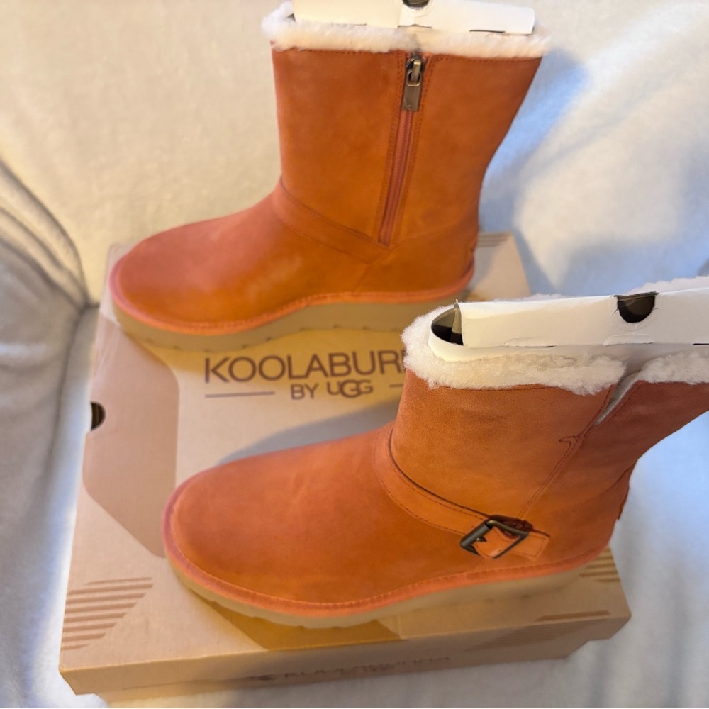 Koolaburra Orange Suede Shearling Mid-Calf Boots with Buckle NEW - Picture 6 of 9